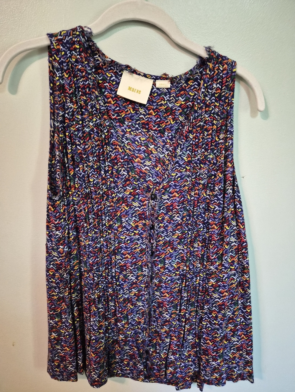 Maeve Navy Multicolor Wave-Print Sleeveless Blouse